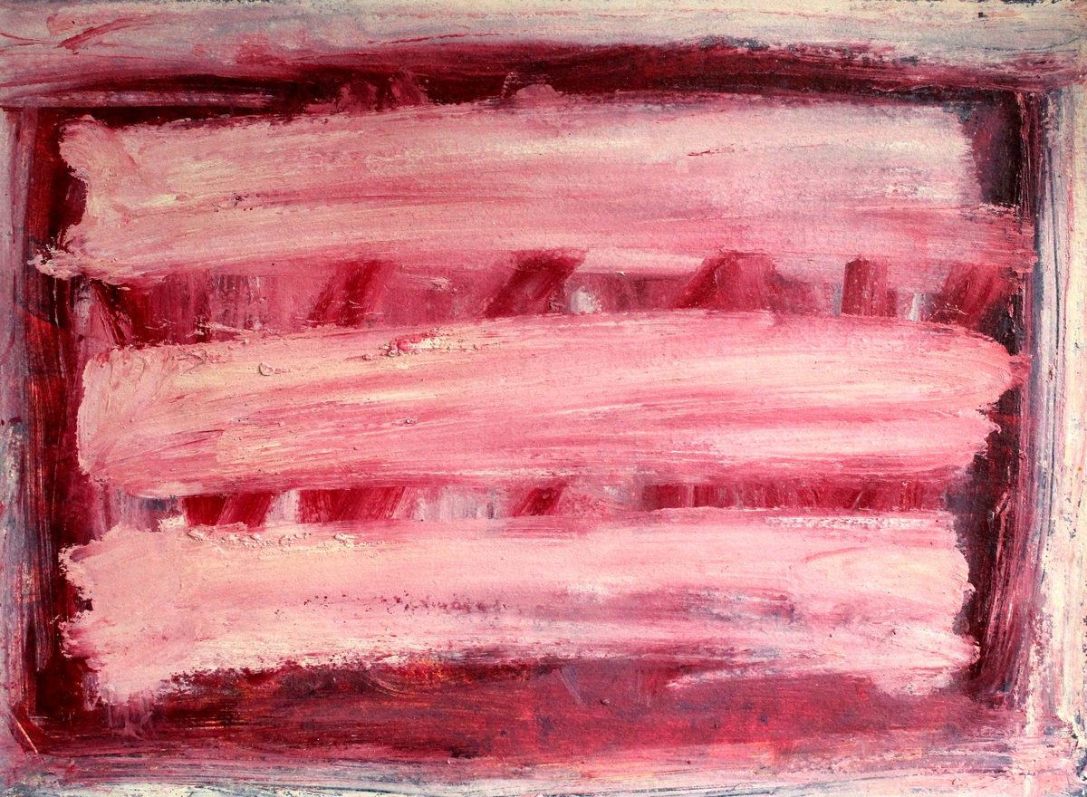 Magenta — thickly painted panel of three pale pink horizontal bands over crimson diagonal marks, framed by a painted border