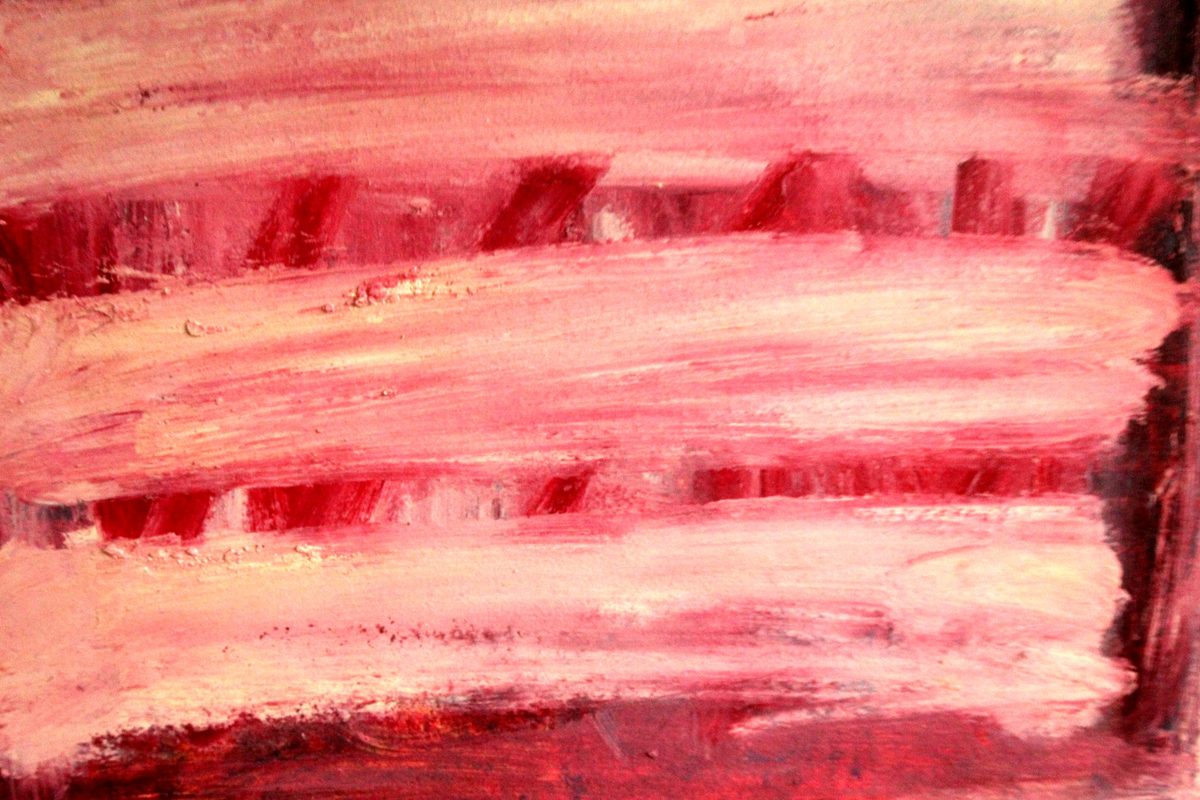 Close detail of Magenta — thick pink and crimson oil paint with ridged brushstrokes