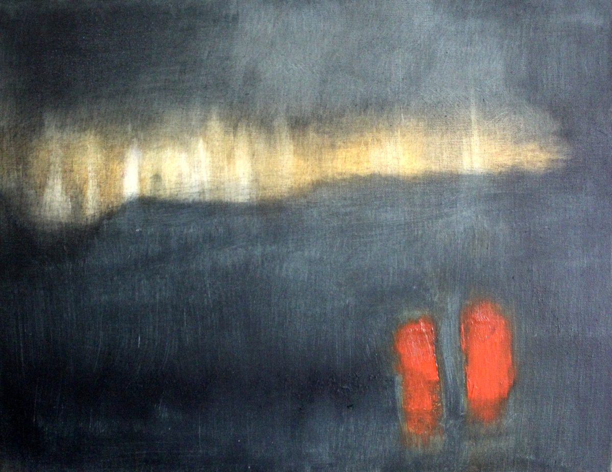 Mist I — dark blue-grey oil painting with a soft band of yellow light and two upright vermilion marks lower right