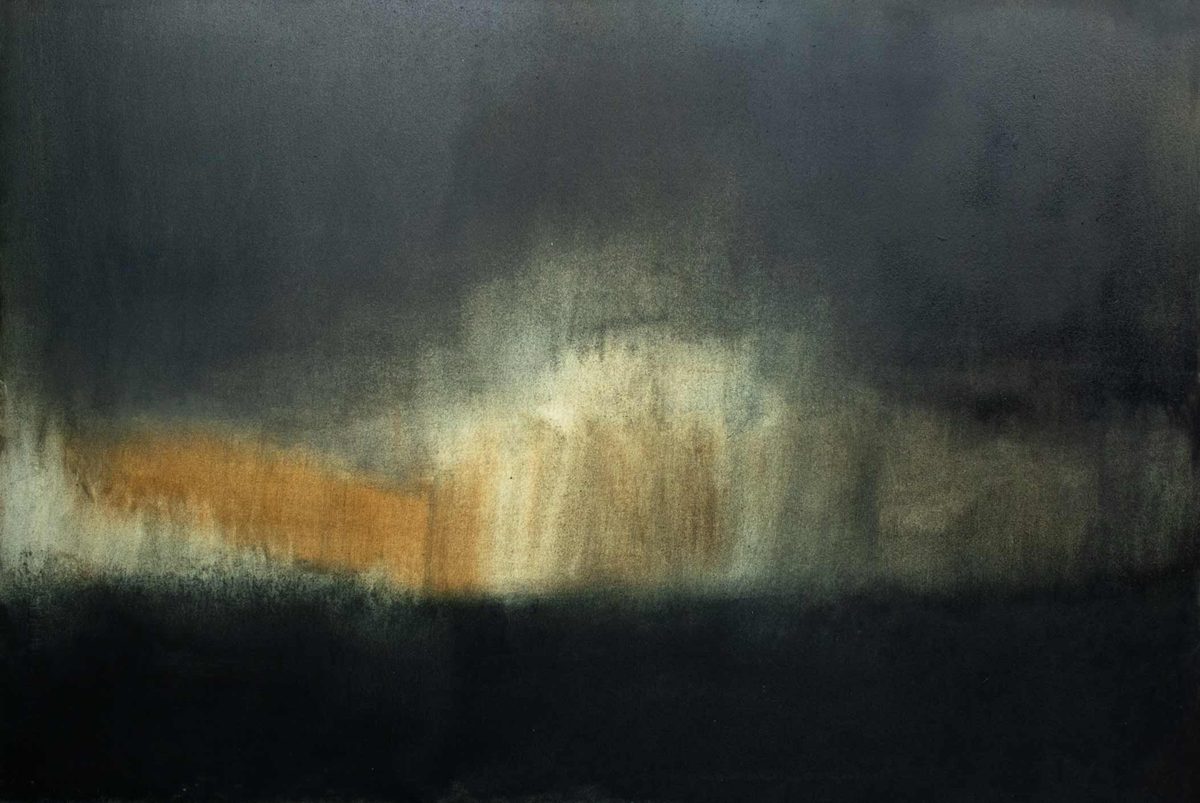 Mist II — abstract landscape in dark grey and black with a band of ochre and pale light